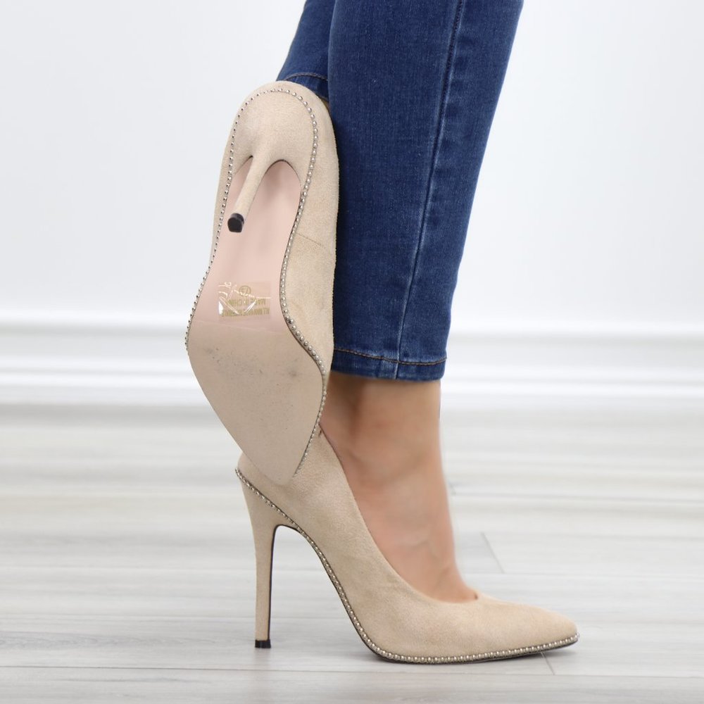 Nude Suede High Heel Pumps With Studs - Picture 6 of 11